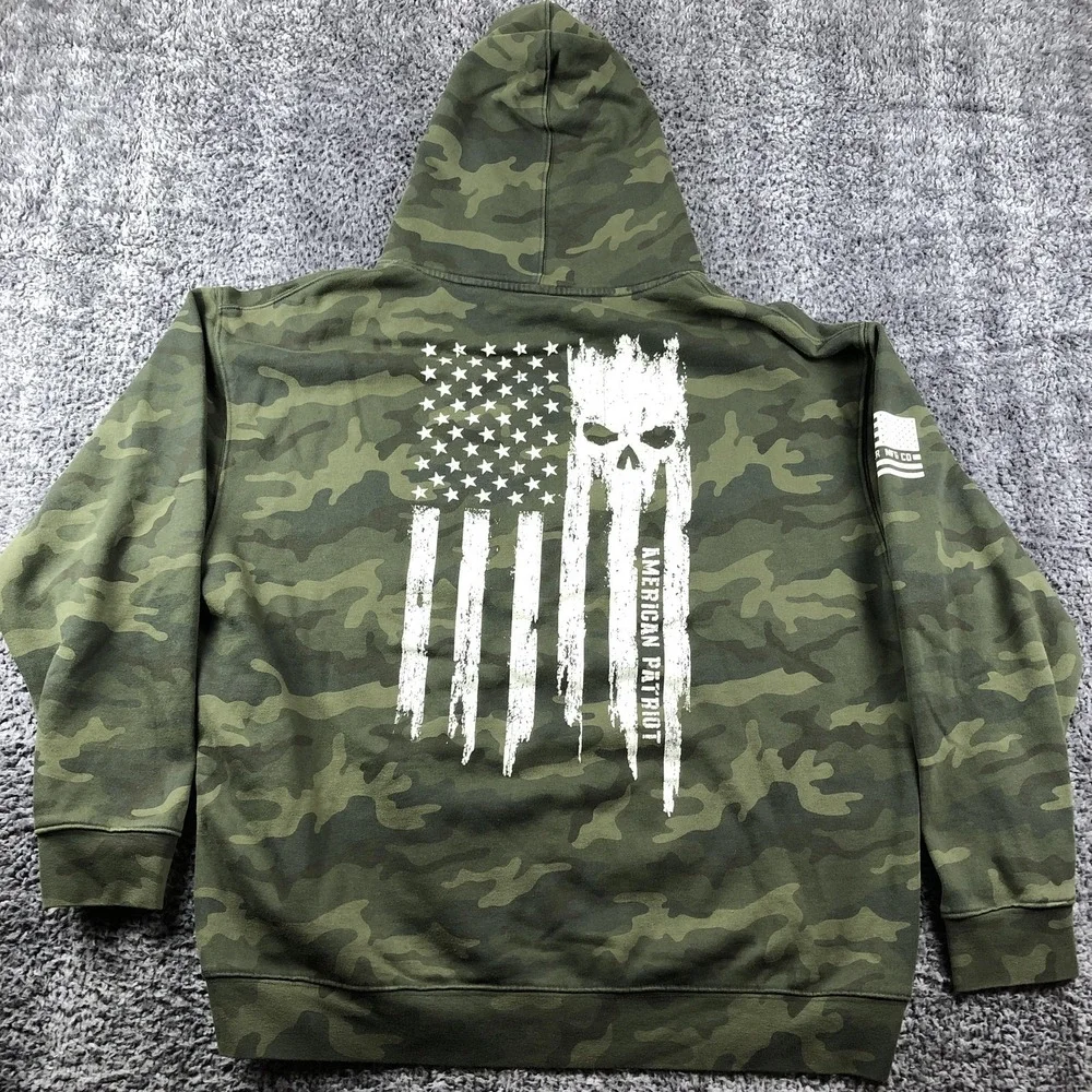 Howitzer Hoodie Mens 2XL Green Camo Fleece Pullover American Patriot Flag Skull - Picture 3 of 11